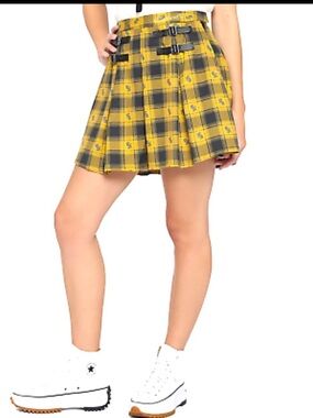 HARRY POTTER Hufflepuff Buckle Strap Pleated Plaid Skirt Yellow Women Size XS 26